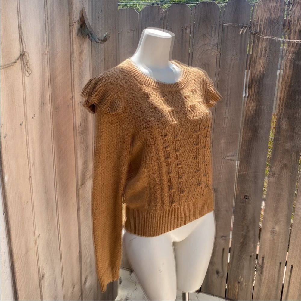 Veronica Beard Earl ruffled cable knit sweater in a tan/camel color size M